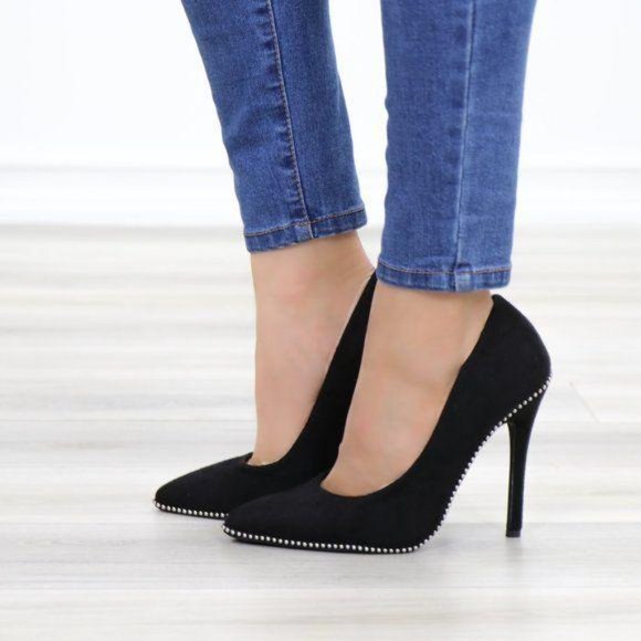 Black vegan Suede High Heel Pumps With Studs - Picture 12 of 12